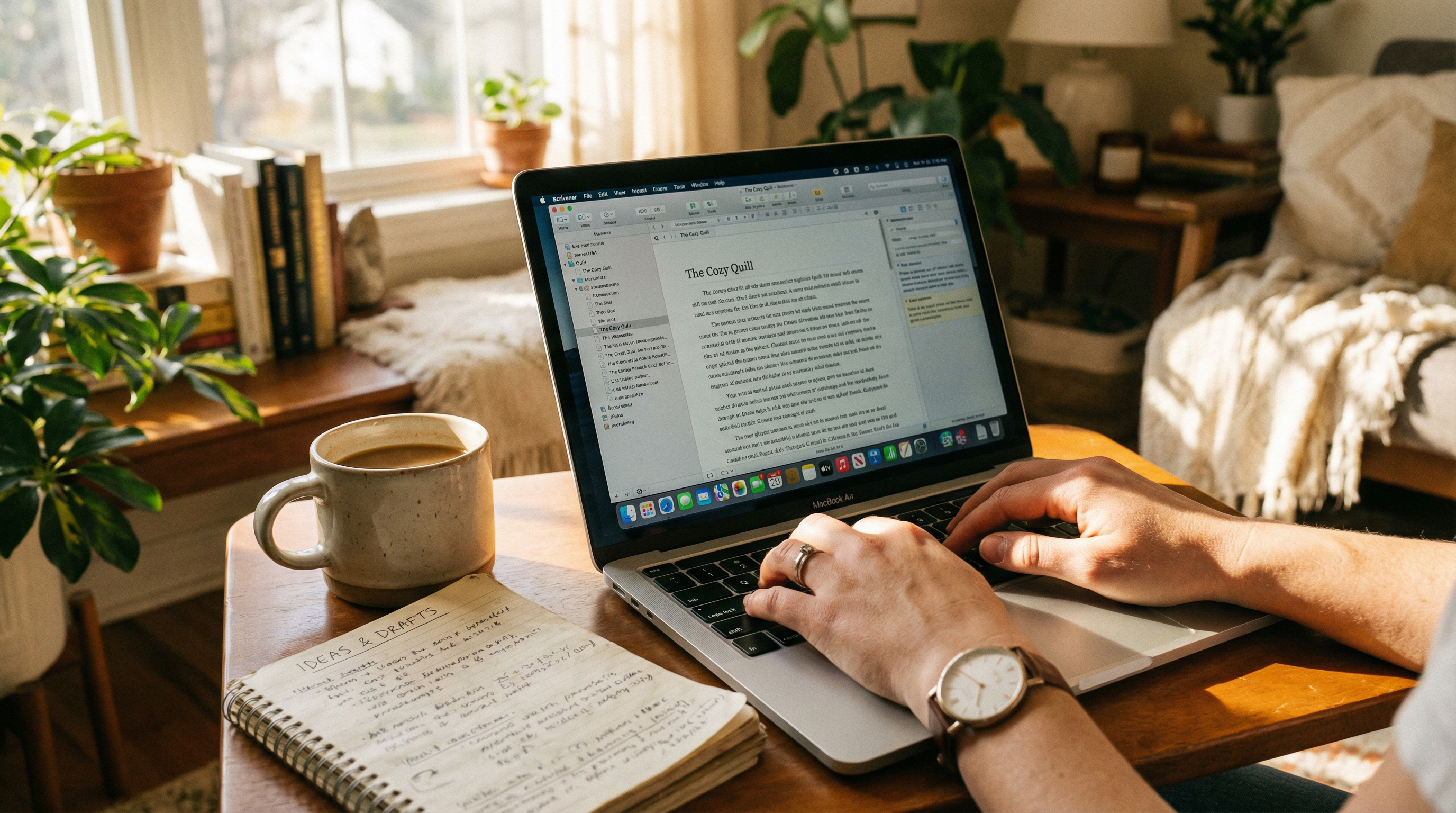 執筆中の手元とノートパソコン